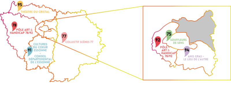 Schama de la région Île-de-France avec les frontières des différents départements : 75, 77, 78, 91, 92, 94, 95 et les noms des différents pôles Art et Handicap